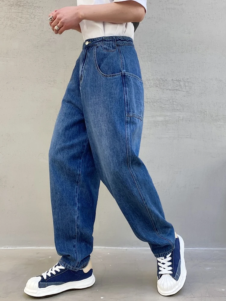 

2022 New Men's Casual Jeans Dark Blue Simple Korean Style Personalized Small Trouser Leg Fashionable Versatile Loose L778