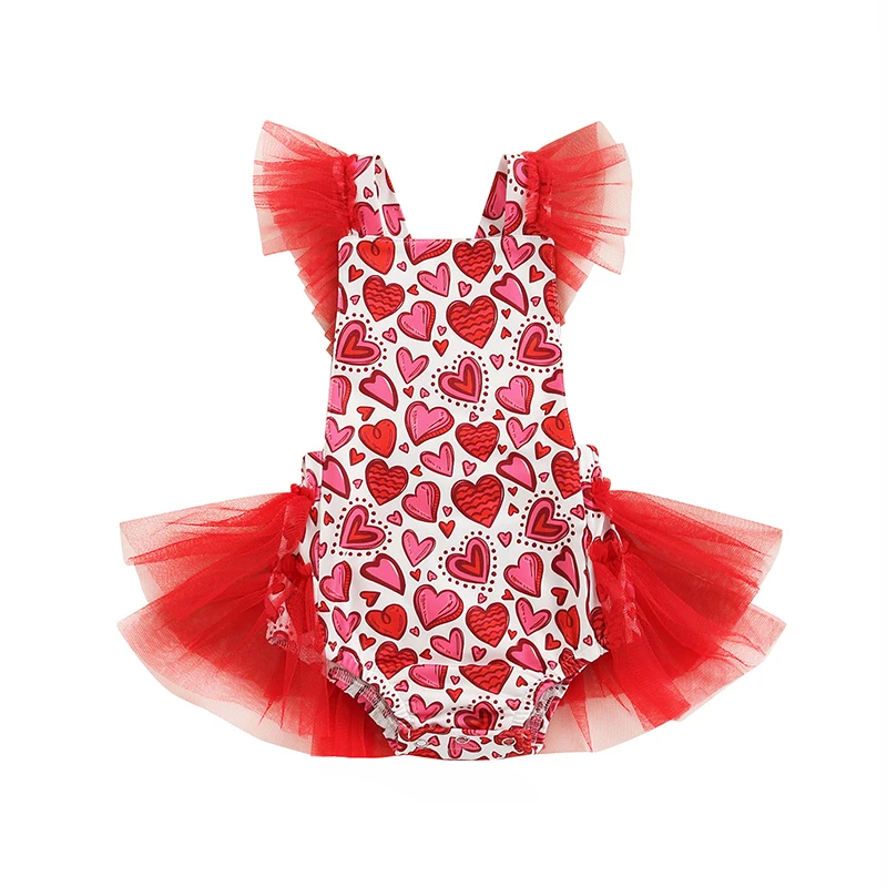 

Valentine's Day Baby Girls Romper, Infant Sweet Style Heart Printing Mesh Splicing Sleeveless Suspender Jumpsuit