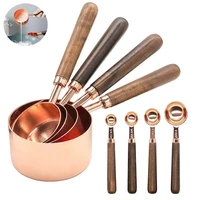 measuring cups spoons set walnut handle stainless steel plated copper metal measuring scoop seasoning coffee baking tools