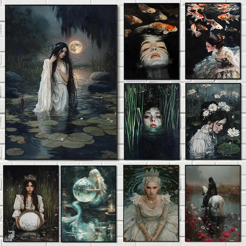 Портрет Принцессы в викторианском стиле Русалка Лотос пруд темная Академия