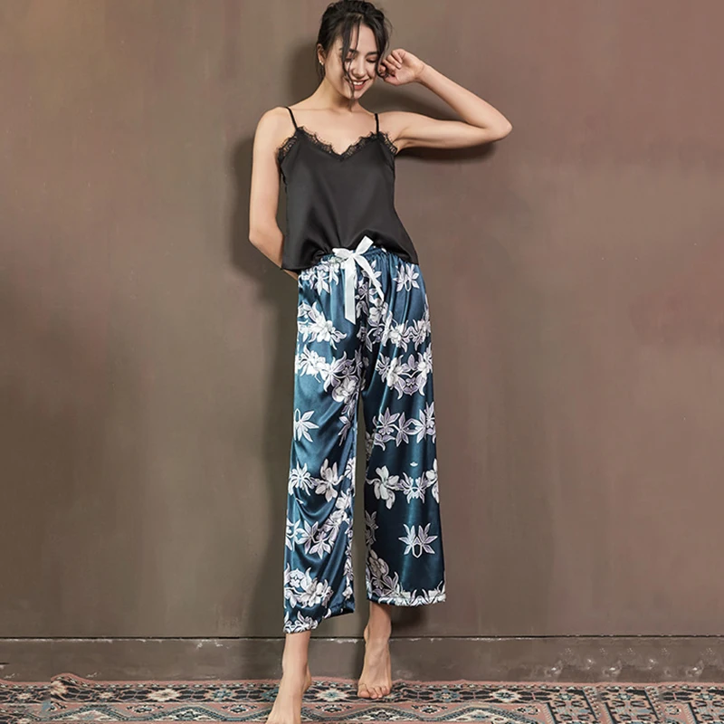 Ice Silk Pajamas Sets for Woman Home Clothe Nightwear Luxury Fashion Floral Print Sexy Sleepwear Leisure Satin Pyjama Sleep Suit