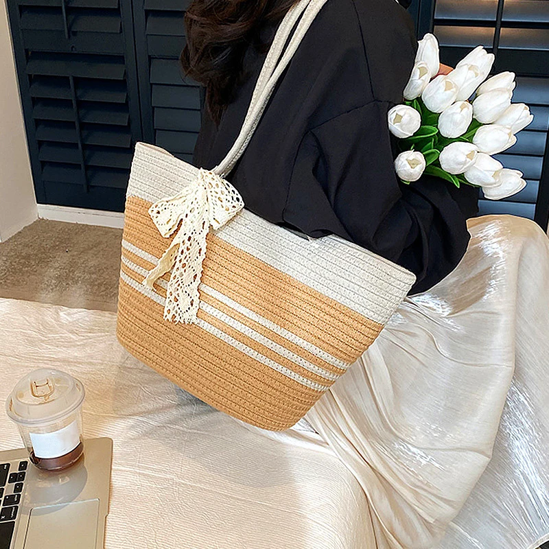 Straw Woven Tote Bags Summer Casual Large Capacity Handbags Fashion Beach Bucket Bags with Bowknot Shoulder Simple Shopping Bags