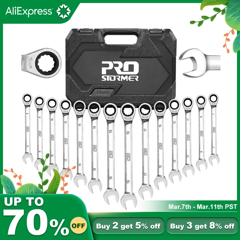 

14-piece set multi-function tool ratchet wrench 6-19mm Chrome Vanadium Steel Ratchet Wrenches tool car repair tool By PROSTORMER