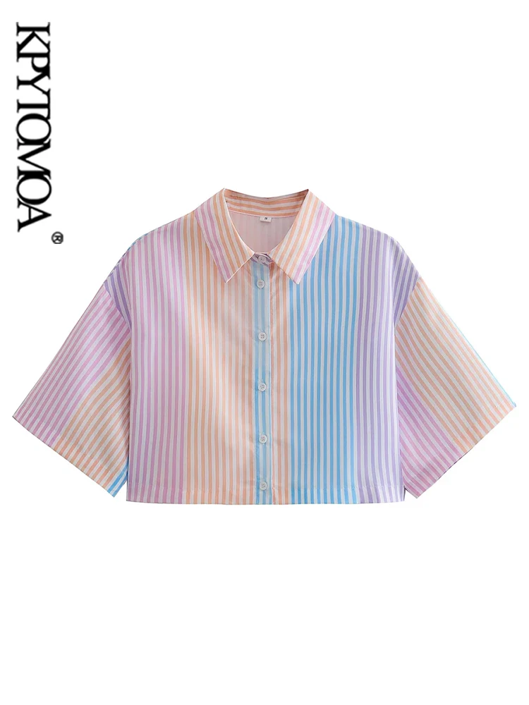 

KPYTOMOA Women Fashion Striped Loose Crop Shirts Vintage Short Sleeve Button-up Female Blouses Blusas Chic Tops