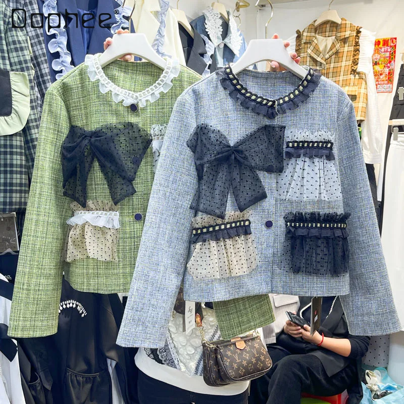 

Women's Spring Green Cropped Jacket French Elegant Loose Dot Mesh Bow Contrast Color Lace Suit Jacket Spring 2022 Veste Femme