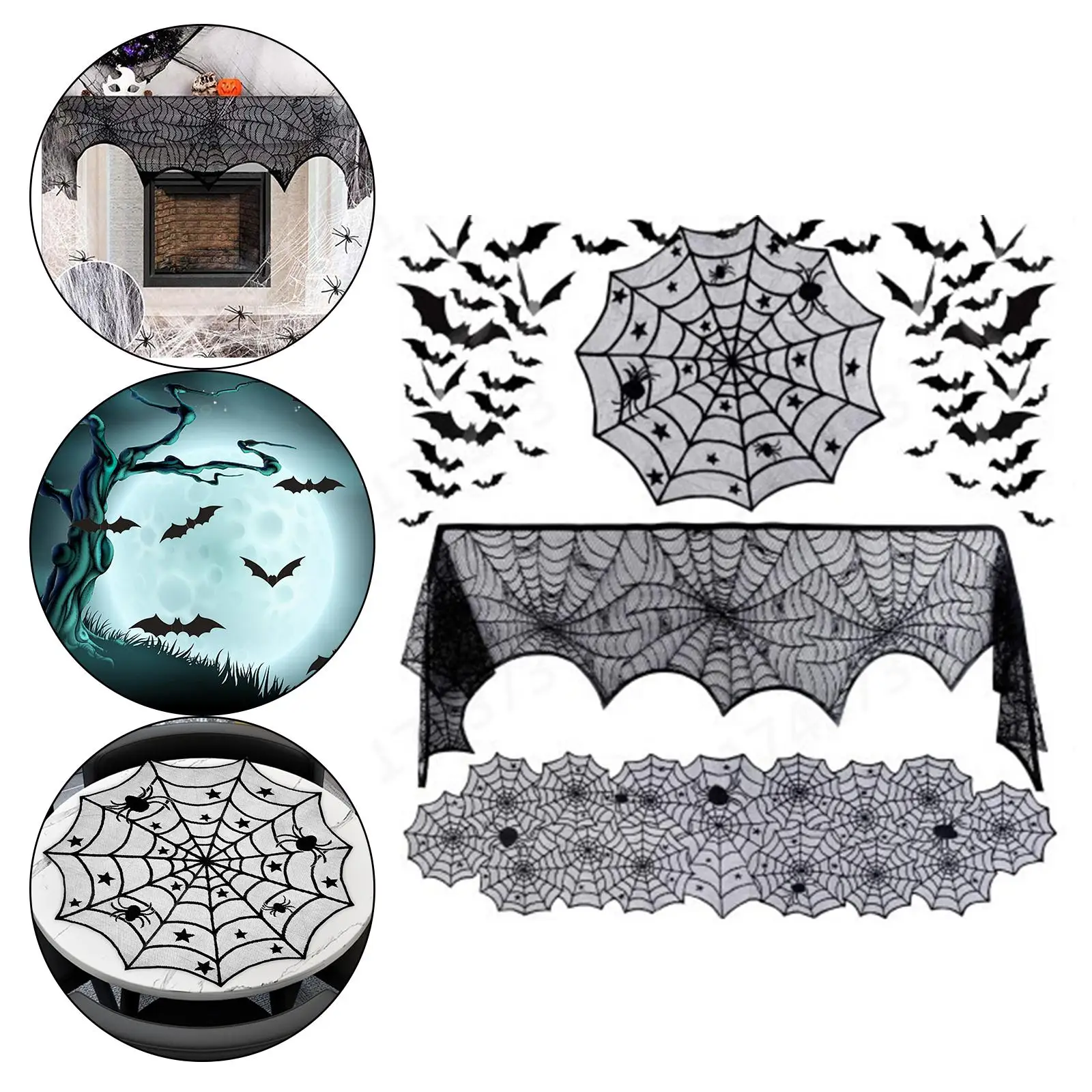 

Spider Web Halloween Tablecloth Decoration Set Gothic for Curtain Kitchen Door Window Festival Party Decor Scary Movie Nights