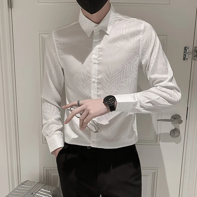 2021 Autumn Print Shirts for Men's Long Sleeve Casual Business Slim Fit Streetwear Men Clothing Social Party Tuxedo Dress Blouse