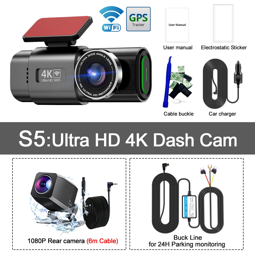 

4K видеорегистратор, мини-камера, GPS Wi-Fi, 24 часа, парковочный двойной объектив с 1080P, черный ящик, комнатная камера заднего вида, ночное видение