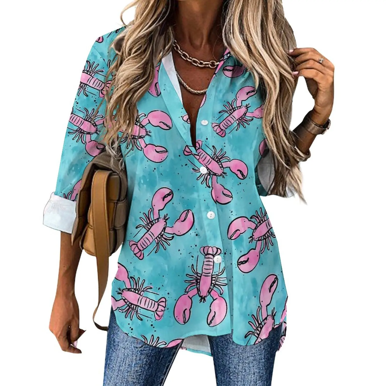 

Lobsters Print Casual Blouse Long Sleeve Pink And Blue Retro Blouses Womens Korean Fashion Oversize Shirt Tops Birthday Present