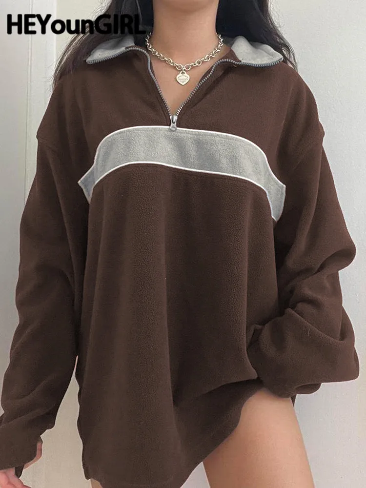 

HEYounGIRL Vintage Brown Casual Loose Pullovers Women Preppy Winter Sweatshirt Polar Fleece Oversized Tops Harajuku Punk Street