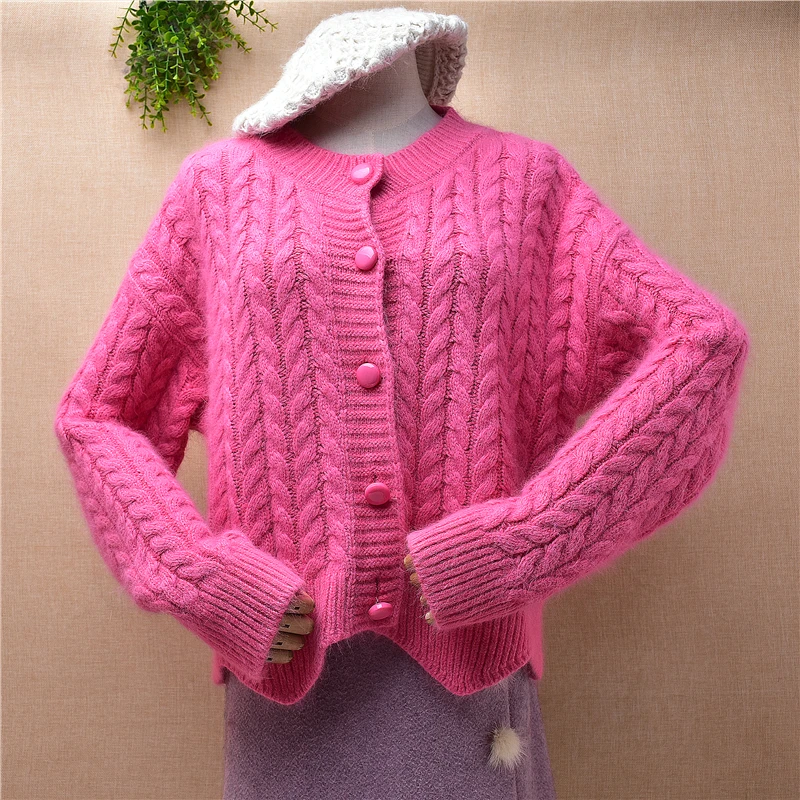 

Female Women Fall Winter Pull Rose hairy Angora Rabbit Hair Knitwear Long Sleeves Short Style Loose Cardigan Jacket Coat Sweater