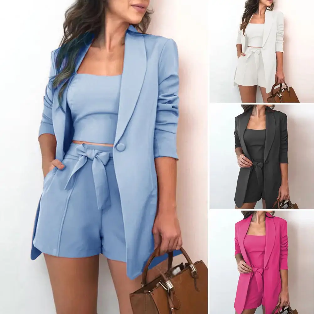 

3 Pcs/Set Women Coat Suit Solid Single Button Long Sleeve Coat Vest Sleeveless Crop Top High Waist Cardigan Blazer Shorts Suit