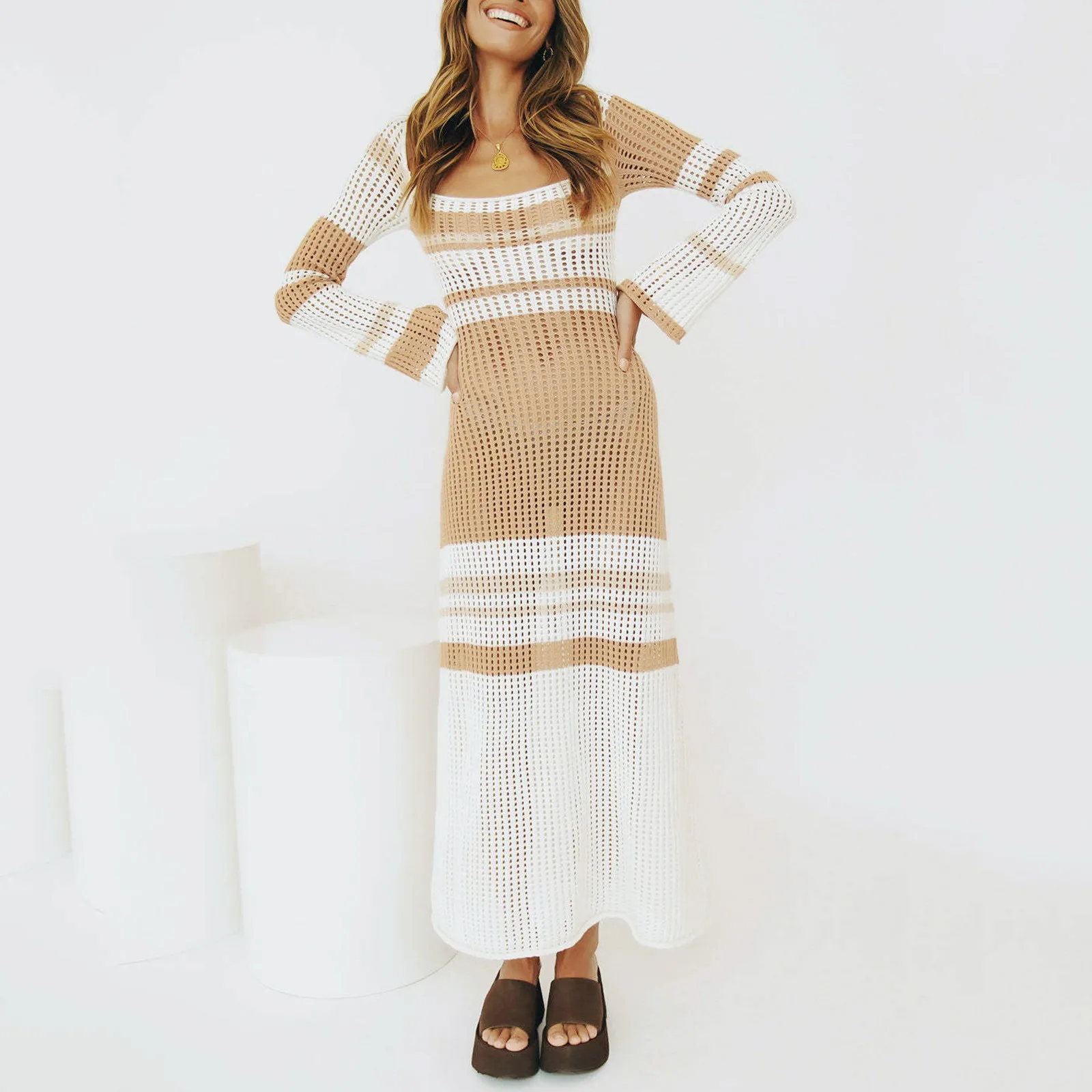 

Women U Neck Long Sleeve Dress Contrast Color Cutout Sexy Knit Dress