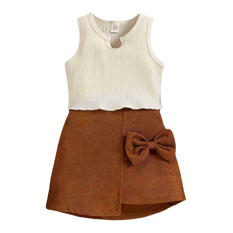

Kids Clothes Set For Children Girls Sleeveless Pullover Vest and Corduroy Bow Skirt Two-piece Outfits Summer Baby Girls Clothing