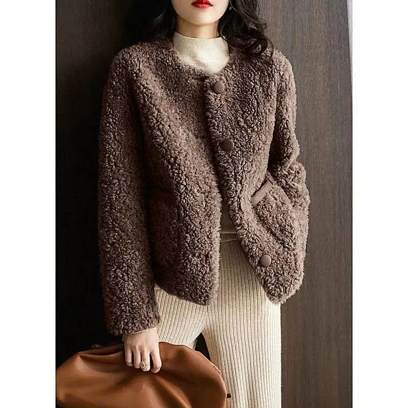 2022 New Fashion Luxury Winter Jacket Women Soft Lamb Wool Fur Coat Knitting Wool Turn-down Collar Thick Warm Outerwear Brand