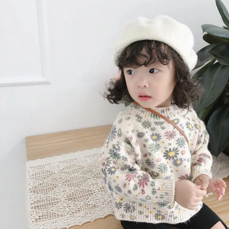 

2022 New Winter Korean Children Flower Sweaters Thicken Warm Pullovers Tops Baby Girl Kids Knitted Sweater