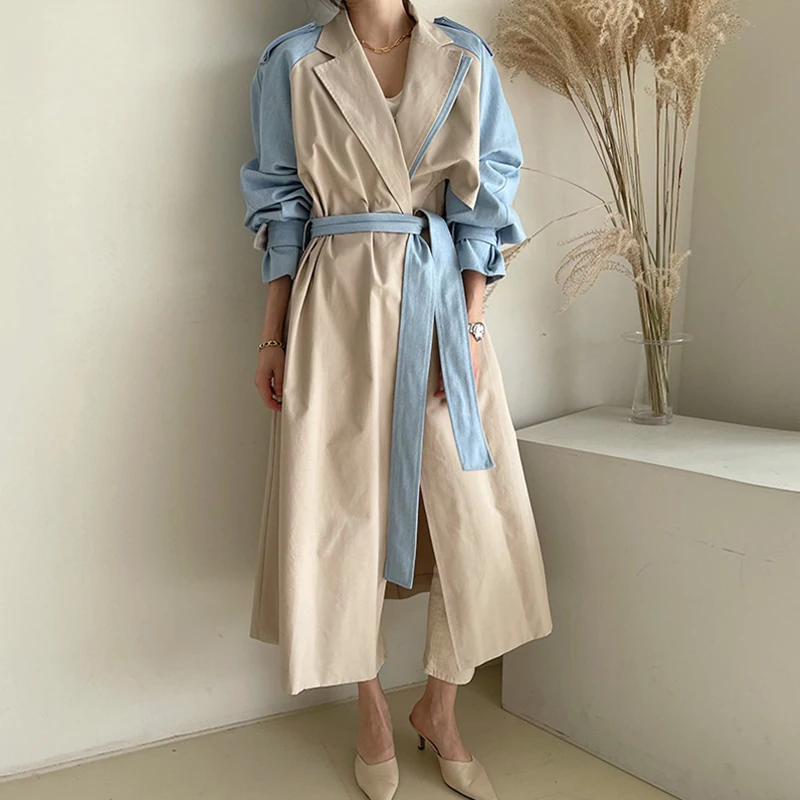 Vintage Contrast Color Splicing Women Long Trench Coat With Sashes Spring Autumn Casual Long Sleeve Female Windproof Overcoat images - 6