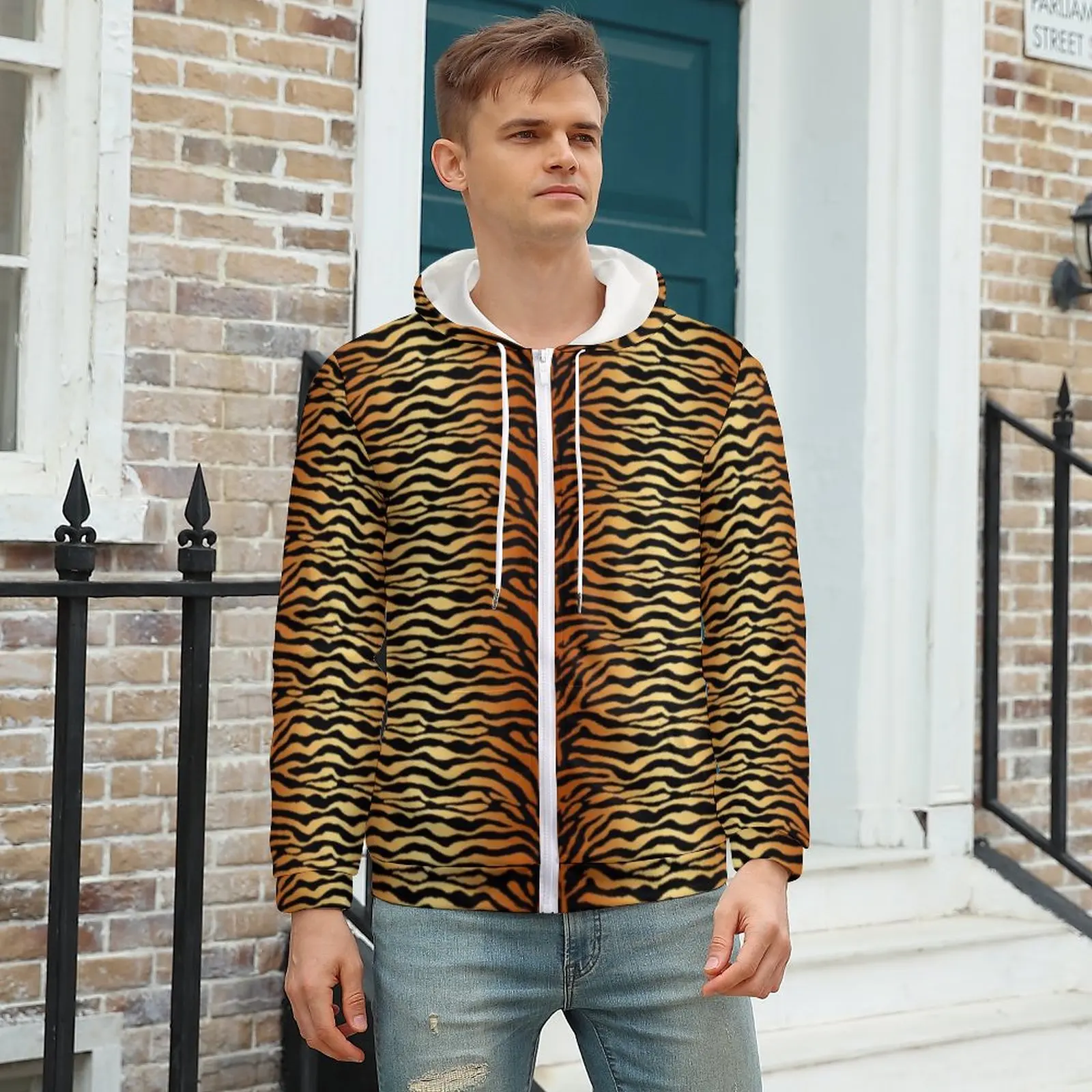 

Tiger Print Hoodie Animal Black Stripes Mens Warm Hoodies Streetwear Zip Up Hoodie Plus Size