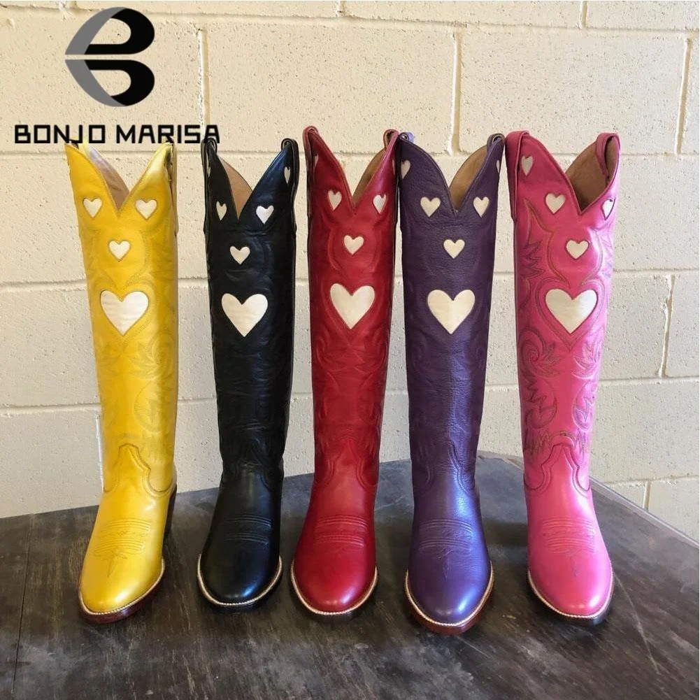 

New Brand Fashion Colorful Love Heart Colorful Ridding Western Boots For Women Cowgirl Cowboy Chunky Heel Women Mid Calf Boots