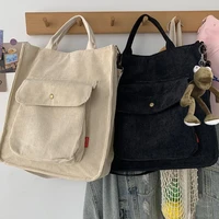 corduroy shoulder bag women vintage shopping bags zipper student bookbag large capacity handbags casual tote with outside pocket