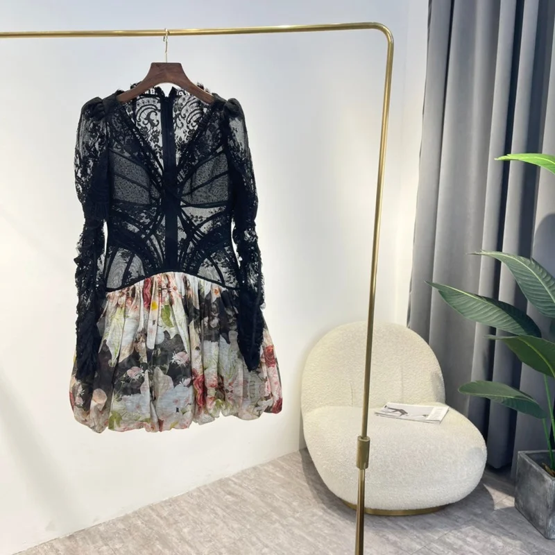 

2022 Summer Silk Linen Black Lace See-through Sexy Blouse White Pink Floral Print Vintage Flounce Puff Midi Dresses Women