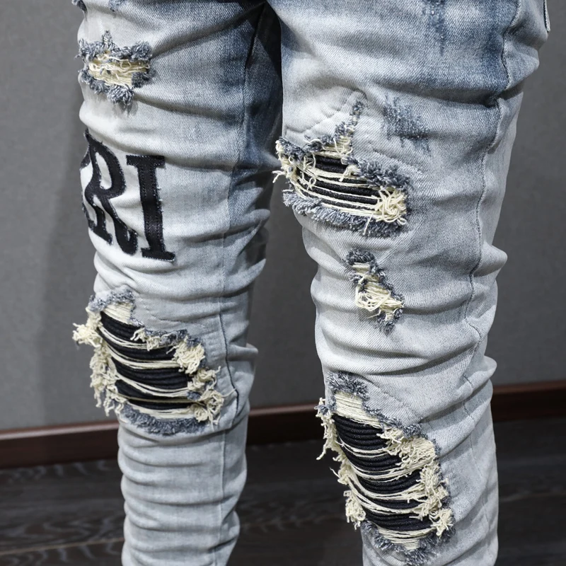 High Street Fashion Men Jeans Retro Blue Elastic Stretch Skinny Fit Ripped Jeans Men Patches Designer Hip Hop Brand Pants Hombre