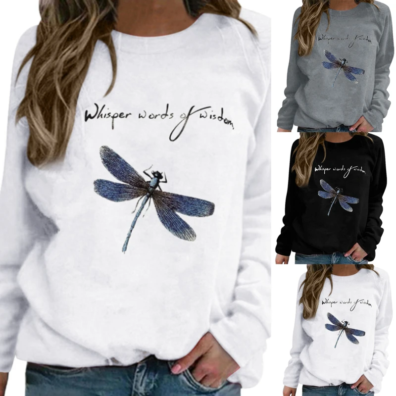 

Women Sweatshirt Dragonfly Letter Print O-neck Long Sleeve Vintage Pullovers Female Girls Casual Autumn Winter Woman Clothes
