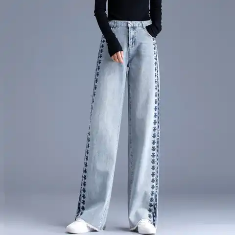Spring Fashion All-match Embroidery Streetwear High Waist Jeans 2023 New Korean Women's Clothes Wide Leg Trousers All-match