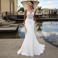 charming mermaid wedding dresses 2022 a line sheer o neck lace appliques button bridal gown sweep train robe de soiree