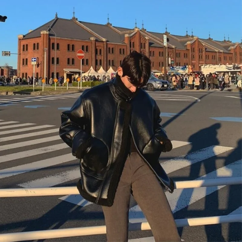 Winter Jacket Men Warm Fashion Thickened Black Leather Jacket Men Korean Loose Thick Leather Short Coat Mens Parker Clothes