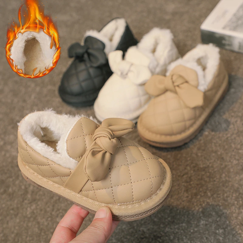 

Children Padded Warm Cotton Winter Snow Boots Girls Fashion PU Leather Plush Warm Cotton Shoes Soft Shoes Kids Anti-slip Boots