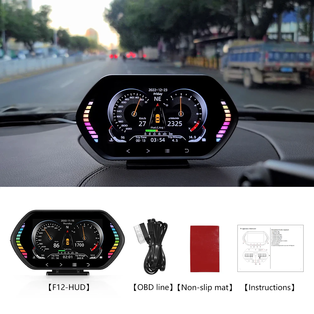 

2023 NEW F12 HUD OBD GPS Heads Up Display Digital Gps Speedometer Wtih Water Oil Temperature Alarm Multi-function LCD Instrument