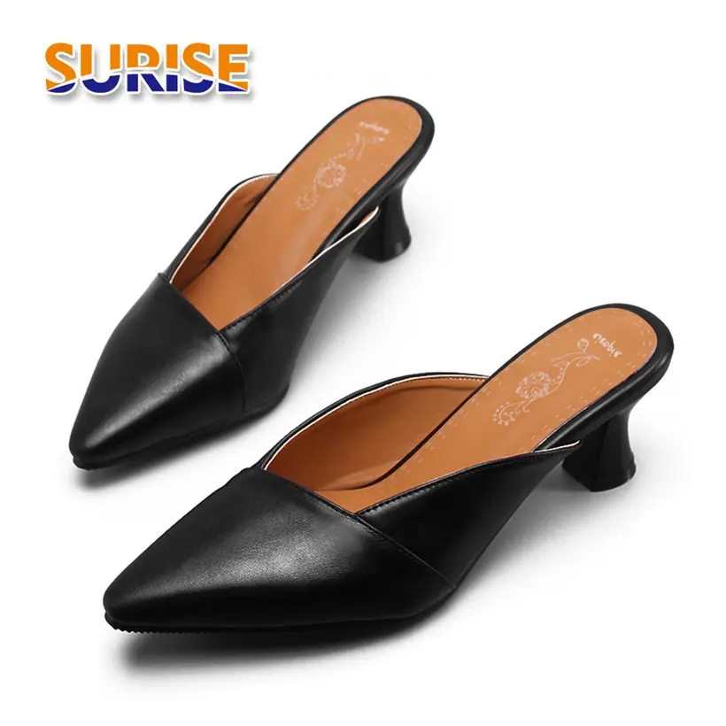

Summer Women Mules 6cm High Flared Heels Sandals Pointed Toe Pumps Black Beige Slippers Casual Party Slip-on Shallow Lady Shoes