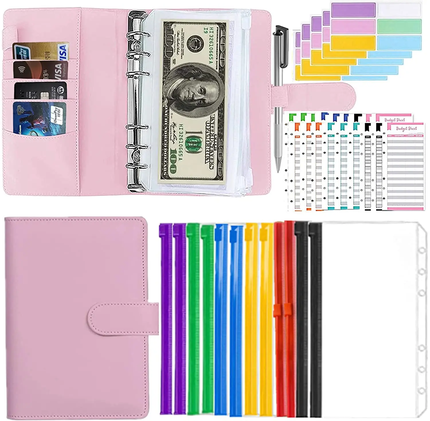 

Budget Binder with Zipper Envelopes, Pu Leather A6 Binder Cash Envelopes for Budgeting ,Budget Planner Set with 12 Pcs Clear Bin