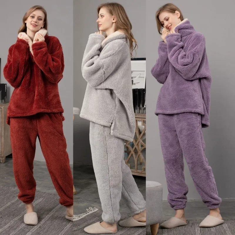 

Winter Warm Thick Velvet Fleece Pajamas Set Women Fuzzy Sleepwear Long Sleeve Lapel Collar Pullover Top and Pants Loungewear