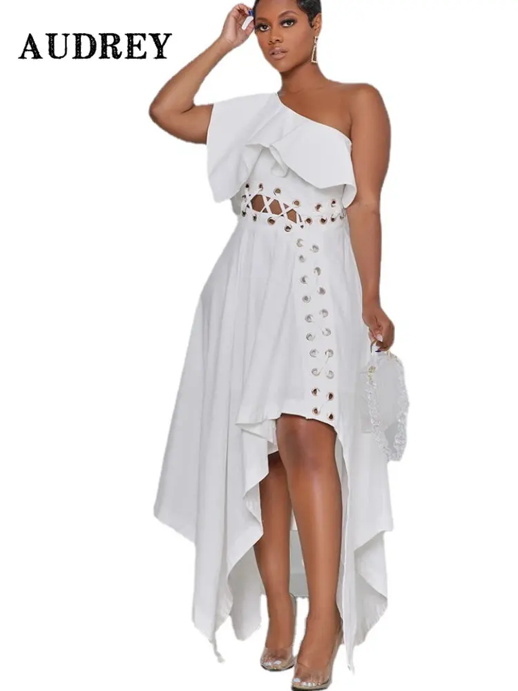 Plus Size One Shoulder Ruffle Sleeve A-line Maxi Dress Women Cutout Bandage Backless Irregular Evening Party Dress Prom Vestidos