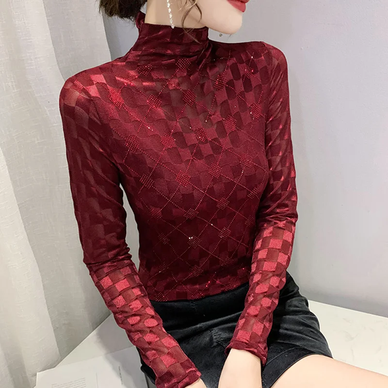 

Black Red Plaid Mesh T Shirt Women Diamonds Korean Style Tight T-shirt Female Long Sleeve Turtleneck Perspective Tee Sexy