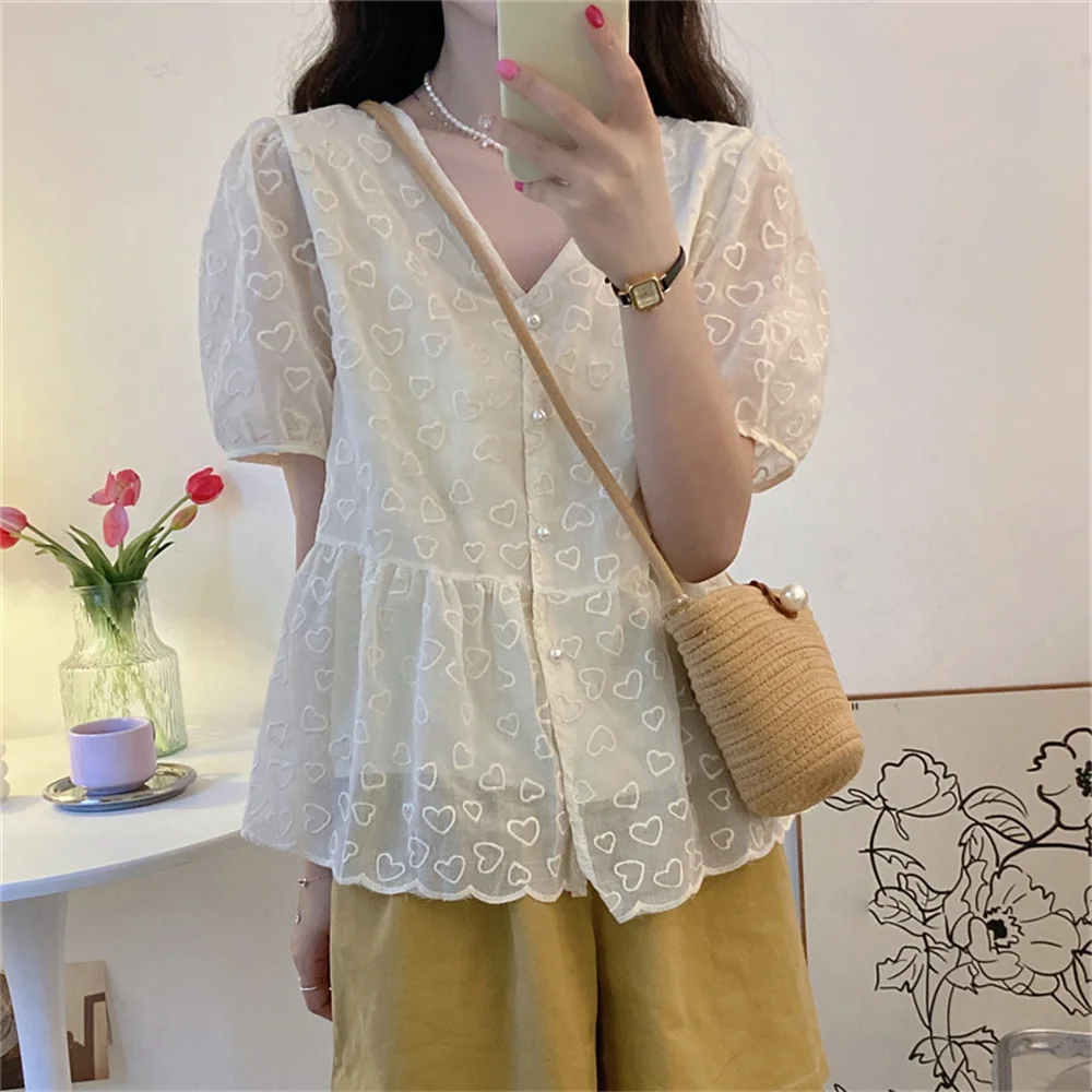 

HziriP Gentle Hearts Women Shirts Sweet New Slim V-Neck Summer High Street Short Sleeve Hot Office Lady Casual Mujer Blusas