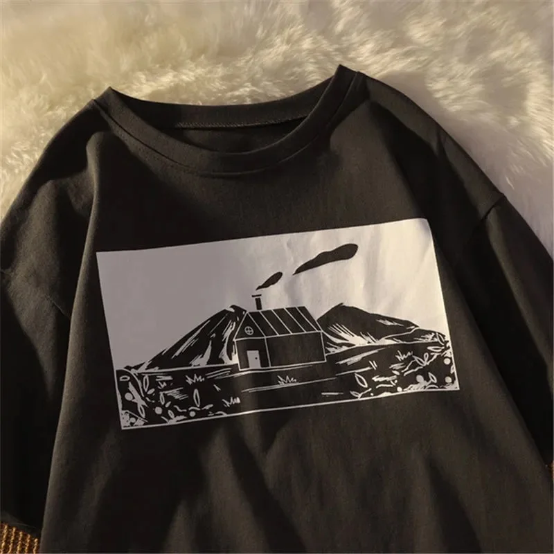 

Summer Women Tshirt Vintage Cartoon Print T Shirt Harajuku Aesthetic Green Short Sleeve Oversized Tee Female Top for Teens Goth