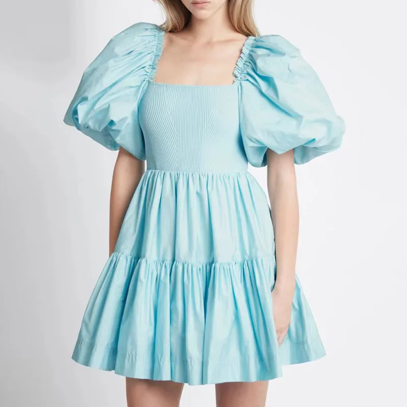 

FOR Minimalist Short A Word Skirt 2022 Spring And Summer New Party Led Bubble Sleeve Splicing Solid Color High Waist Dress