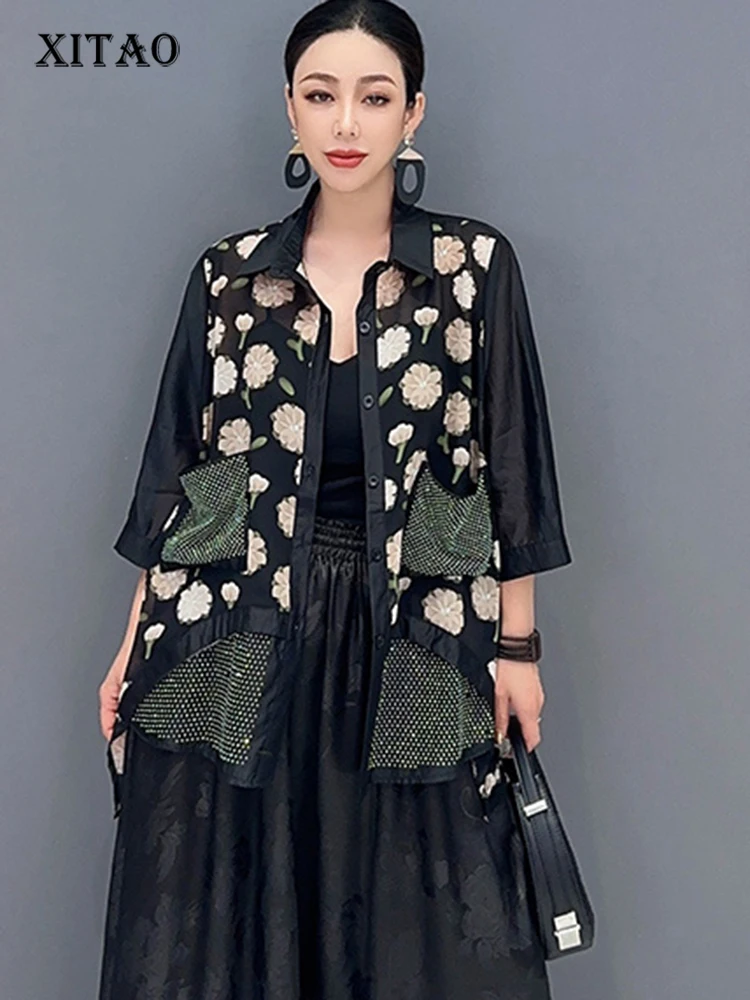 

XITAO Casual Loose Shirt Floral Fashion Patchwork Turn Down Collar Single Breasted 2023 Summer Women Street Trendy Top DMJ2099