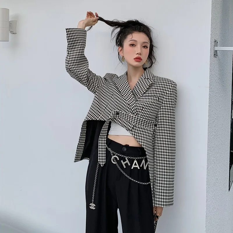 

Spring Autumn Women Houndstooth Plaid Blazers Fashion Irregular Hem Lace Up Casual Short Lapel Long Sleeve Female Suit Jacket