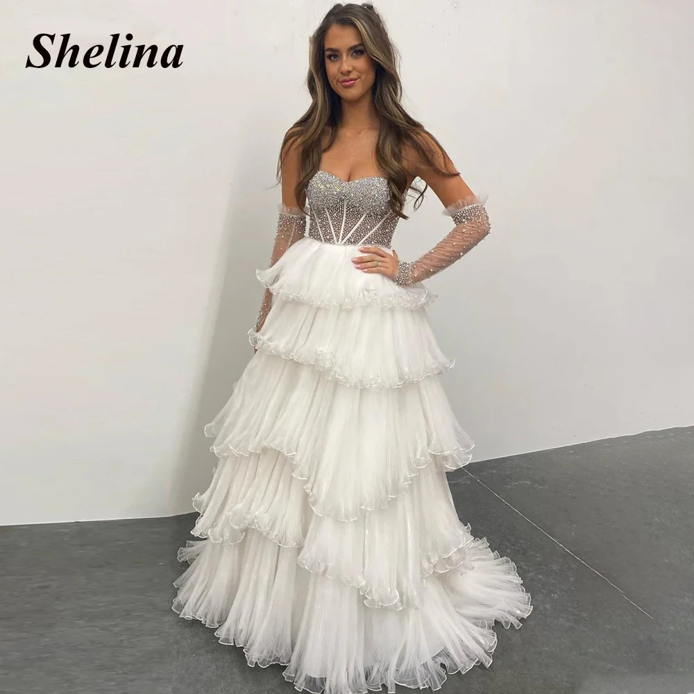 

Роскошное платье для выпускного вечера Shelina 2023, со стразами, без бретелек, со съемным рукавом, с многоярусной спиной, на молнии, трапециевидного силуэта, на заказ