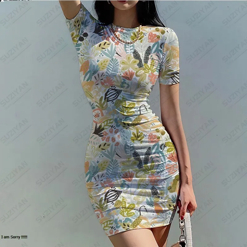 

New Women's Round Neck Short Sleeve Tight Dress Sexy Style Fragmented 3D Printing Style Street Dress Breathable and Comfortable