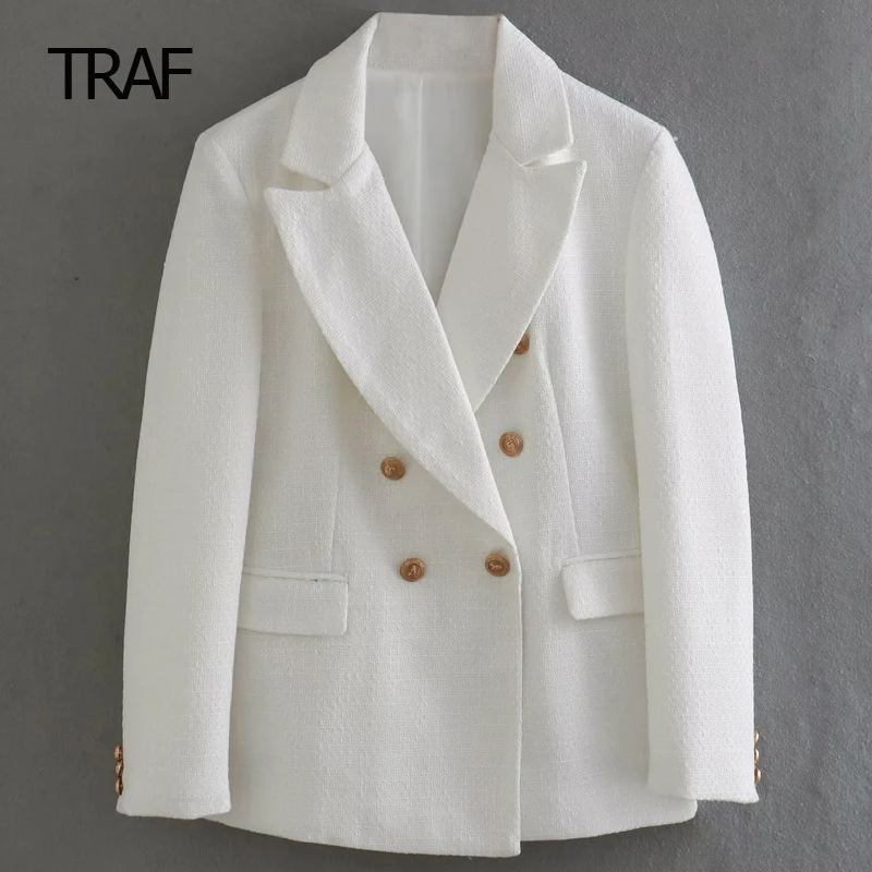 

TRAF White Blazer for Women Summer 2023 Gingham Pockets Double Buttons Women's Long Sleeve Tops Korean Wear to Work Female Coats