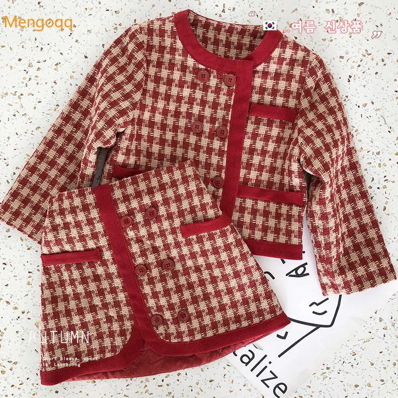 

Mengoqq Kids Girls Princess Autumn Winter Crew Neck Plaid Full Sleeve Double Breasted Top Pocket Short Skirt Casual Set 2pcs