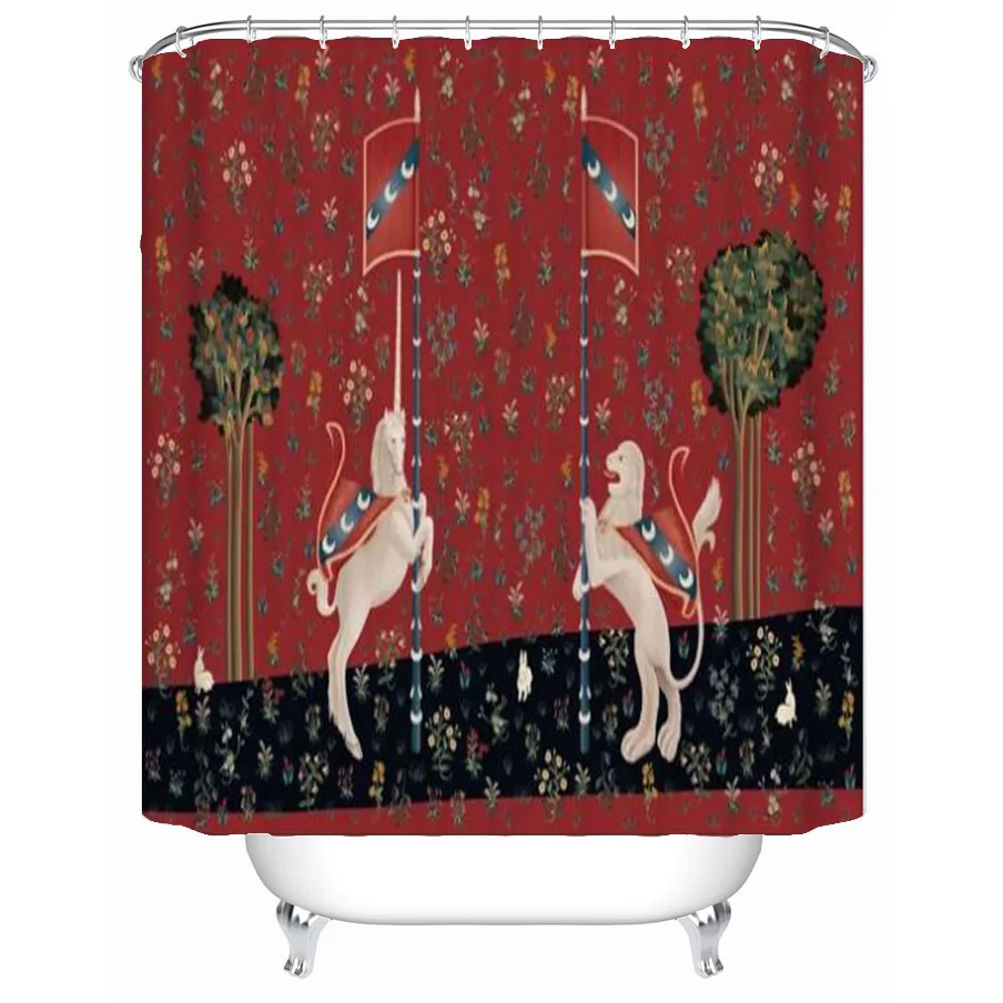 

Unicorn And Lion In Medieval Style Poster Curtain Polyester Waterproof Shower Curtain Set Retro Home Decor Curtains With Hooks