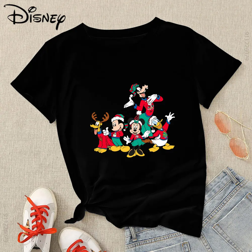 

Mickey and Friends Christmas Party Print T-shirt Female Europe and America Popular Festavel Blouse 2022 Xmas Eve T Shirt Women
