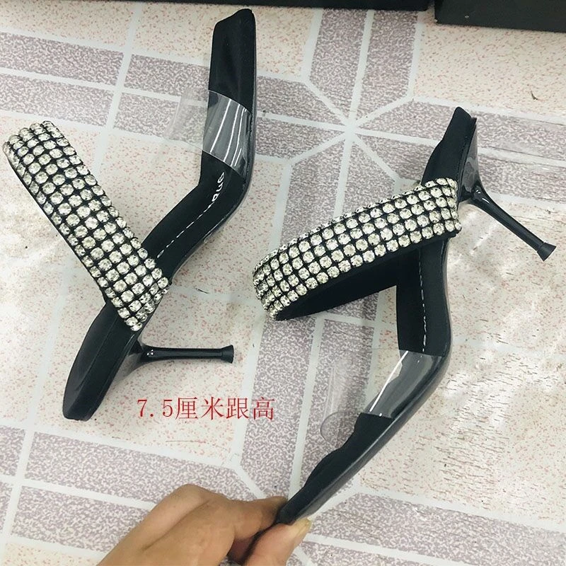 

Sexy Sandals with Thick High Heels Transparent Hollowed Out Open Toe Square Head Diamond Goddess Slippers Women Shoes