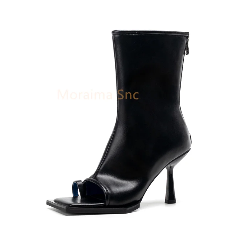 2023 New Open Toe Ankle Boots Split Toe Sexy Women Shoes Square Head Soft Leather Summer High Heels Back Zippers Short Boots